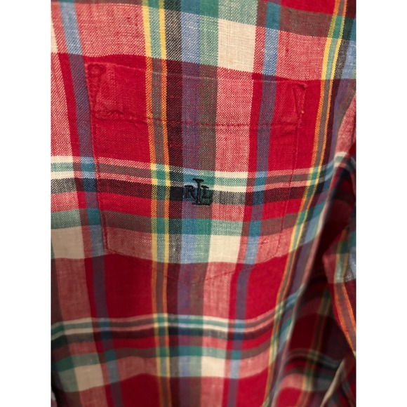 Lauren Ralph Lauren Petite Linen Plaid Button Down Shirt Red Green Blue Size P/M - Picture 4 of 5